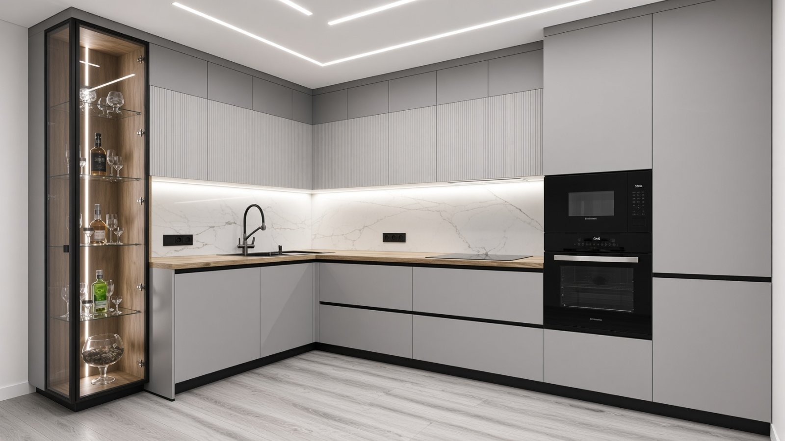 Kuzhina Moderne Gri me Detaje Druri dhe Mermeri – Funksionalitet dhe Stil | Mobileri Zhani – Kuzhinë Premium Roma